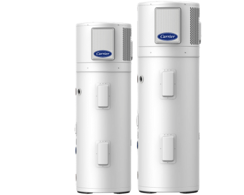Carrier hot water cylinder models in two sizes installed outdoors against a concrete wall, highlighting their cylindrical shape and energy-efficient design.