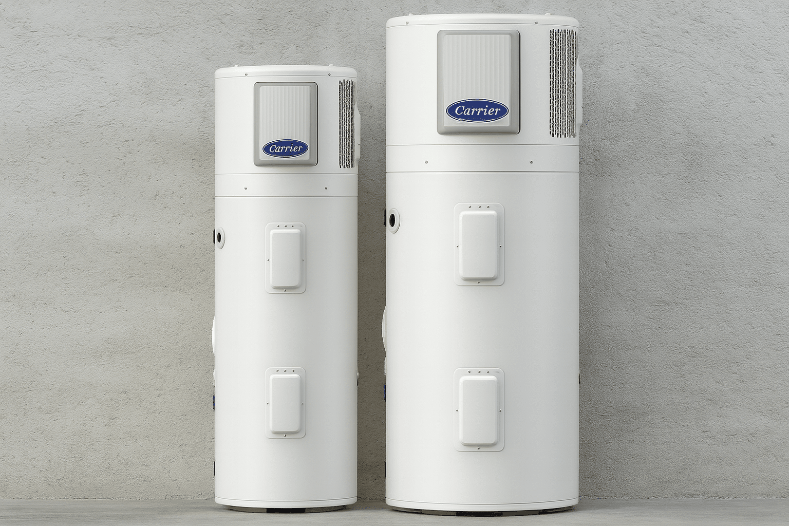Two Carrier hot water cylinder units placed side by side against a concrete wall outside a house, showing modern design with vents and branding clearly visible.